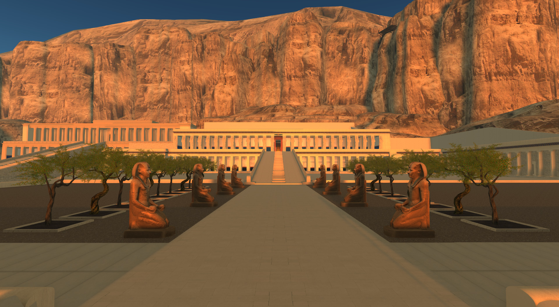 sacrificing kneeling Hatshepsut statues on the middle courtyard in Djeser-djeseru