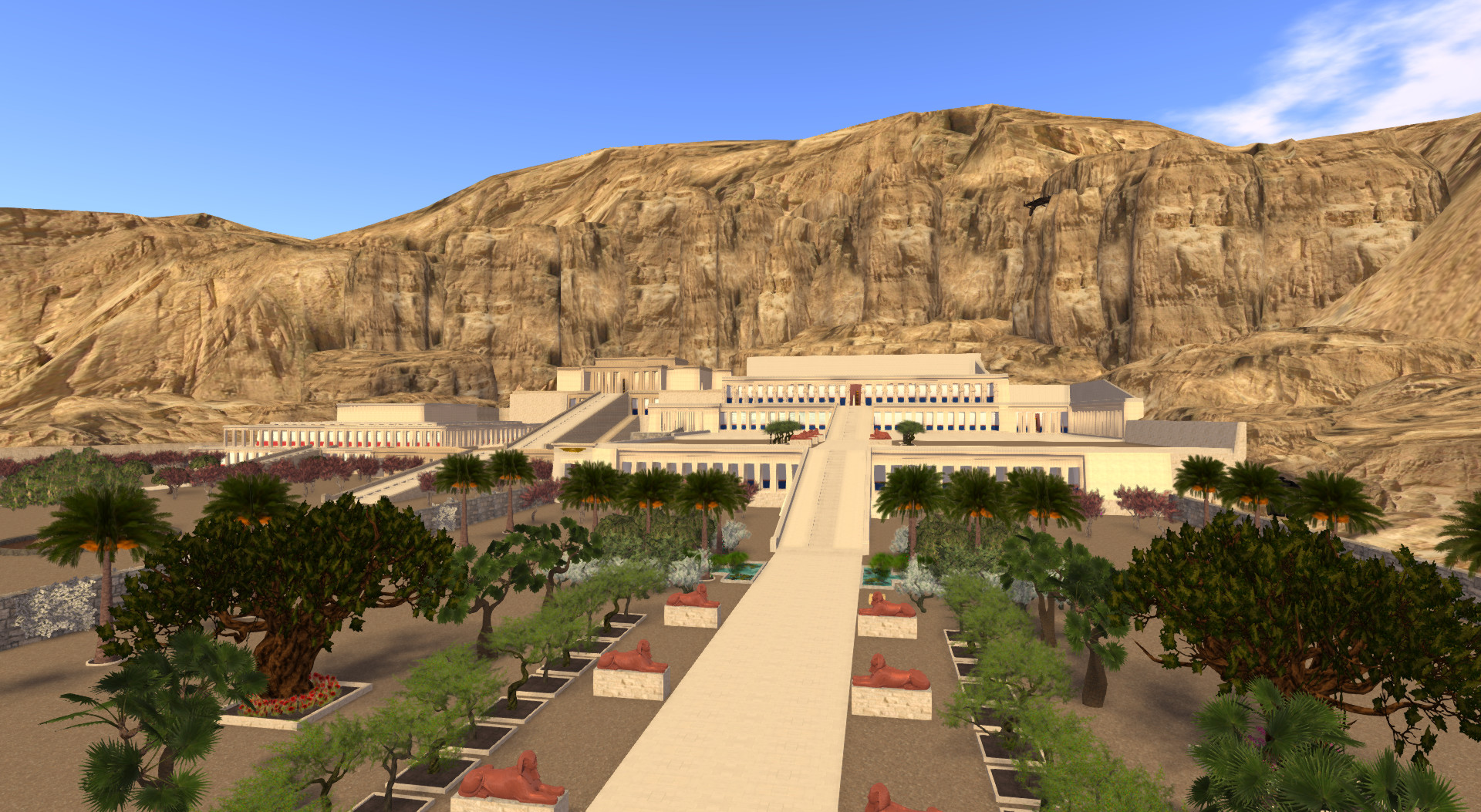 3D model of Dayr al-Bahri with the Thutmose III temple build according the Lipinska obsolete ground plan